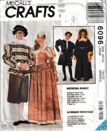 McCALL'S PAATTERN 6096 SZ LG ADLT MEDIEVAL RENAISSANCE COSTUMES