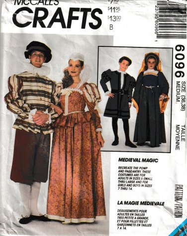 McCALL'S PAATTERN 6096 SZ MD ADLT MEDIEVAL RENAISSANCE COSTUMES
