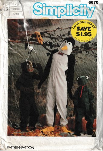 SIMPLICITY 6670 ADLT UNISEX LG PENGUIN, MONKEY, FROG COSTUMES