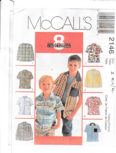 McCALL'S PATTERN 2146 SZS S/M/L CHILDREN'S & BOYS' SHIRTS 8 VERSIONS