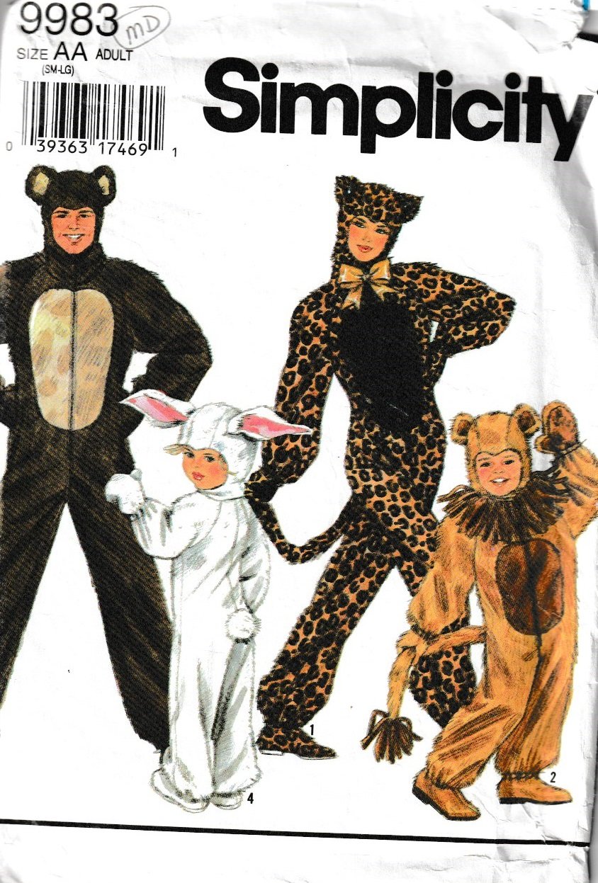 SIMPLICITY PATTERN 9983 SZ SM/MD BEAR RABBIT LION LEOPARD CAT COSTUMES