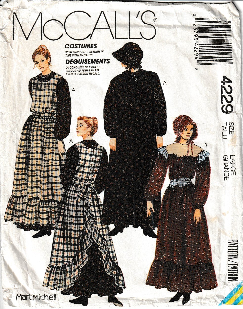 McCALL'S PATTERN 4229 SZ LG MISSES' PIONEER DRESS APRON BONNET