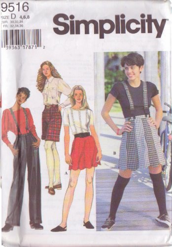 SIMPLICITY 9516 PATTERN MISSES' SUSPENDER SKIRT, SHORTS, PANTS SIZE 4/6/8 UNCUT