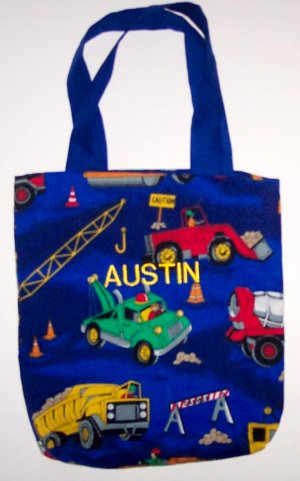 PERSONALIZED tote school book bag CONSTRUCTION TRUCKS