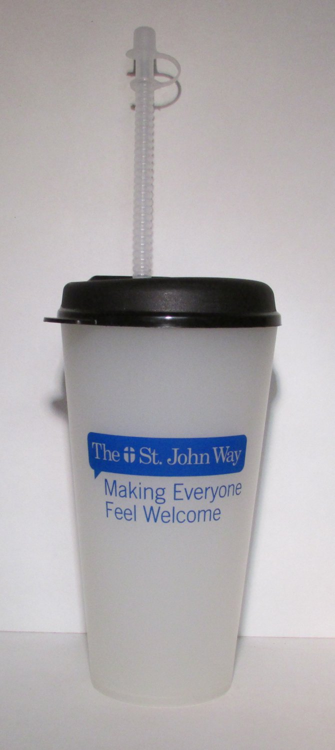 The ST SAINT JOHN Way Making Everyone Feel Welcome Drinking Glass w Straw NEW