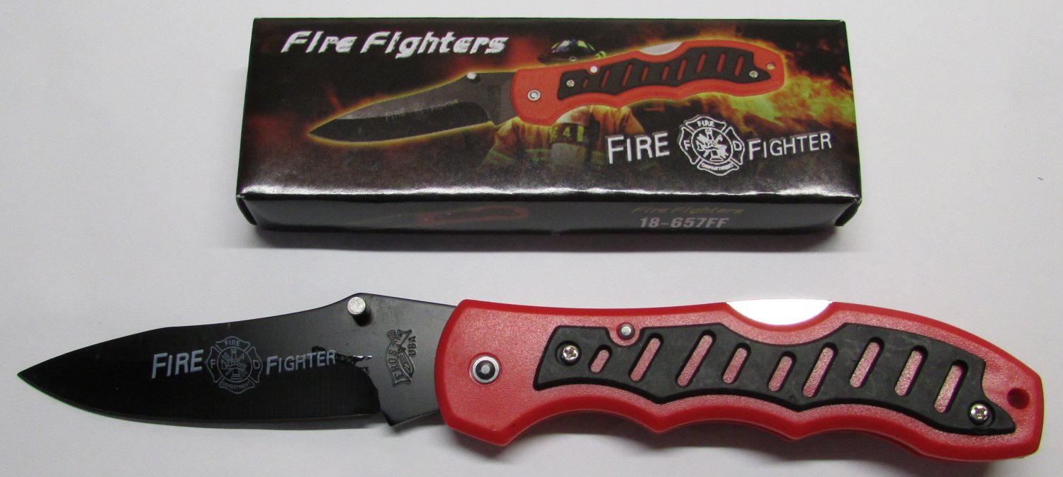 Frost Cutlery 4.5" FIRE FIGHTERS Red/Black Pocket Lockback KNIFE 18