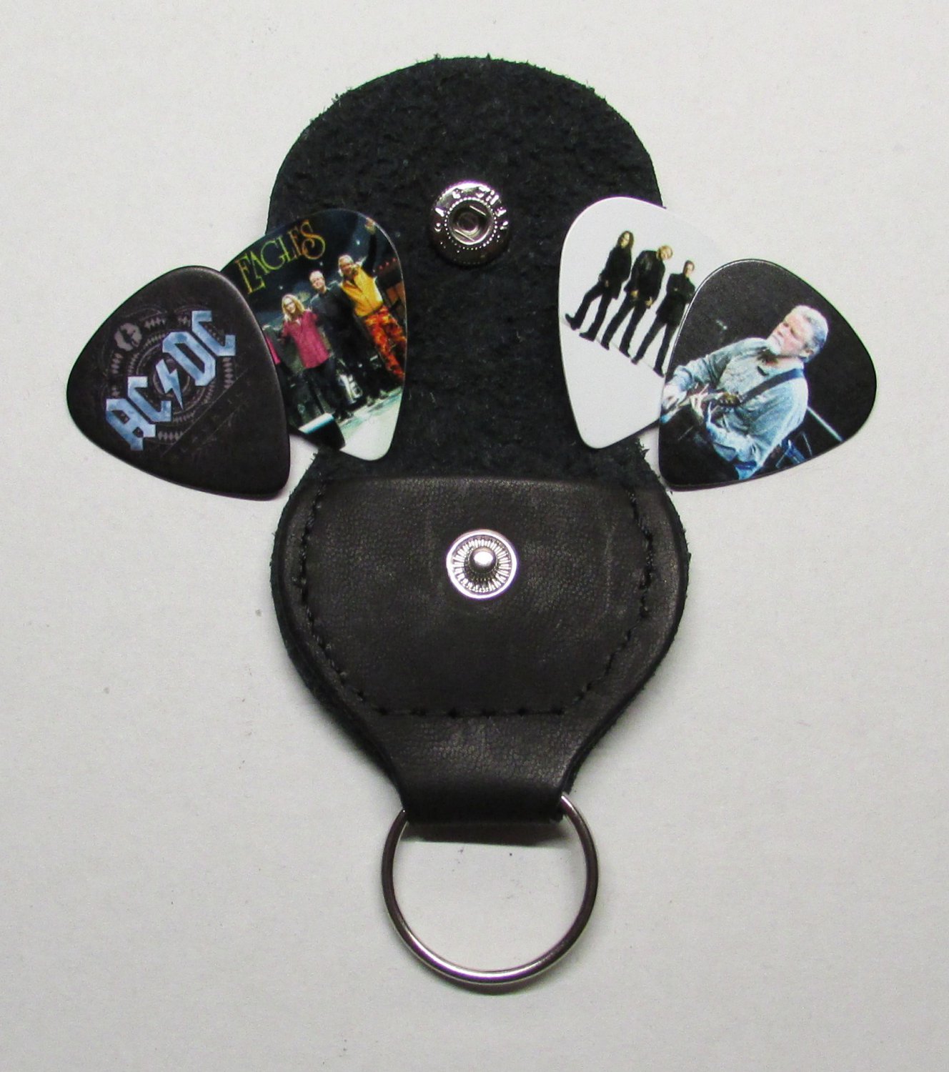 4 Rock Band GUITAR PICKs PU Leather Holder KEY CHAIN Ring Keychain NEW