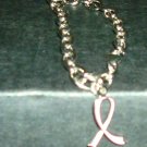 Silvertone Link Bracelet with Breast Cancer Ribbon Charm