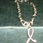 Silvertone Link Bracelet with Breast Cancer Ribbon Charm