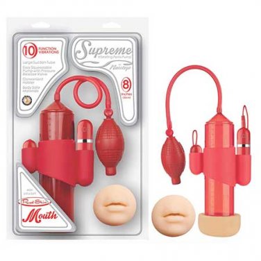 Supreme 8in. Multispeed Vibrating Penis Pump By Nasstoys With Realskin Masturbator Mouth (Red)