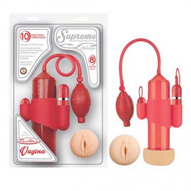Supreme 8in. Multispeed Vibrating Penis Pump By Nasstoys With Realskin Masturbator Vagina (Red)