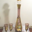 VINTAGE ESTATE Bohemian Glass Decanter & Glasses w/Gold Gilt & Flowers