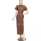 Q010 - Brown Short Sleeves Plain Color Cheongsam (QiPao) Dress