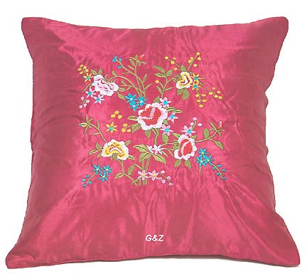 Pair of Satin Cushion Covers - Embroidered Floral Design (Dark Red)