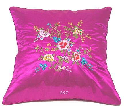 Pair of Satin Cushion Covers - Embroidered Floral Design (Hot Pink)