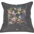 Pair of Satin Cushion Covers - Embroidered Floral Design (Black)