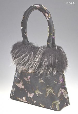 FHB - Black Satin Handbag w/Fur (Butterfly Brocade)
