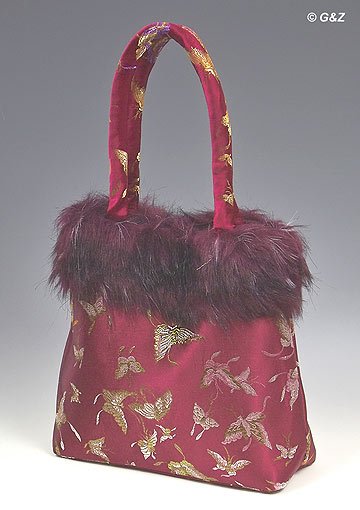 FHB - Maroon Satin Handbag w/Fur (Butterfly Brocade)