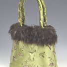 FHB - Olive Green Satin Handbag w/Fur (Butterfly Brocade)