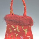FHB - Red Satin Handbag w/Fur (Butterfly Brocade)