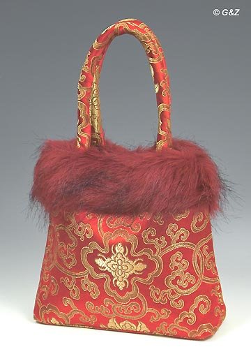 FHB - Red Satin Handbag w/Fur (Fortune Flower Brocade)