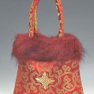 FHB - Red Satin Handbag w/Fur (Fortune Flower Brocade)