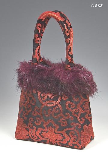 FHB - Black/Red Satin Handbag w/Fur (Fortune Flower Brocade)