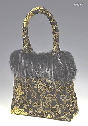 FHB - Black/Gold Satin Handbag w/Fur (Fortune Flower Brocade)