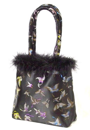 FHB2 - Black Satin Handbag w/Feather (Butterfly Brocade)