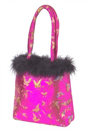 FHB2 - Hot Pink Satin Handbag w/Feather (Butterfly Brocade)
