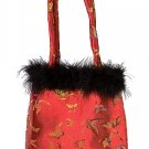 FHB2 - Red Satin Handbag w/Feather (Butterfly Brocade)