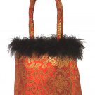 FHB2 - Red/Gold Satin Handbag w/Feather (Fortune Flower Brocade)
