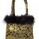 FHB2 - Black/Gold Satin Handbag w/Feather (Fortune Flower Brocade)