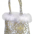 FHB2 - Silver Satin Handbag w/Feather (Fortune Flower Brocade)