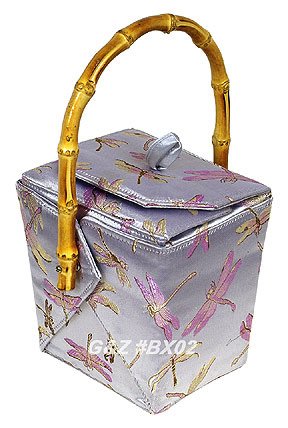 BX02 - Silver Chinese 'Take-Out-Box' Shape Handbags(Dragonfly Brocade)
