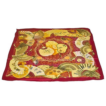 DFJ005 Large Square Chinese Silk Scarf - Dark Red Fans