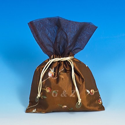 Brown Mini Pull-Close Pouch(Floral Embroidery Fabric)