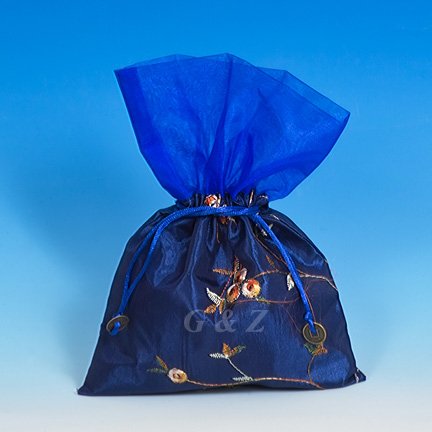 Dark Blue Mini Pull-Close Pouch(Floral Embroidery Fabric)