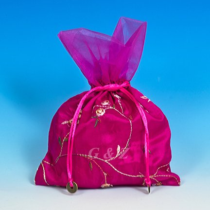 Hot Pink Mini Pull-Close Pouch(Floral Embroidery Fabric)