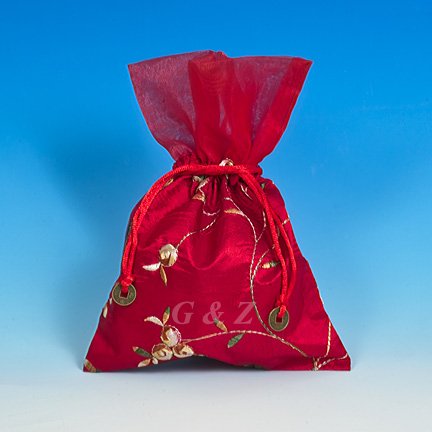 Red Mini Pull-Close Pouch(Floral Embroidery Fabric)
