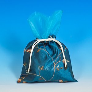 Teal Mini Pull-Close Pouch(Floral Embroidery Fabric)