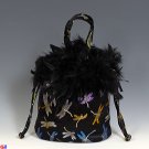 Feathered Draw-String Handbags(Black Dragonfly Brocade)