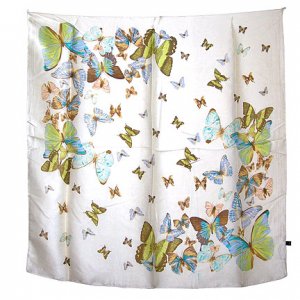 DFJ004 Large Square Chinese Silk Scarf - White Butterflies