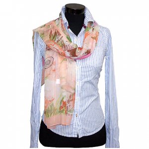 CSJ014 Chiffon Georgette Long Scarf Shawl - Peach Floral Print