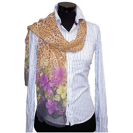 CSJ015 Chiffon Georgette Long Scarf Shawl - Flower & Leopard Print