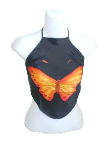 Black Silk Chinese Halter Tops (DU DOU) With Large Butterfly Print
