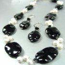 Black Stone Beads & Cultured Pearls Necklace Set 1N139215