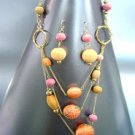 Orange Knit  & Wood Beads Long Necklace Set 1N0806056