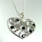 Black Crystals Silver Tone Heart Necklace 1N399122
