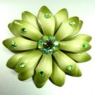 Green Crystals & Leather Flower Brooch